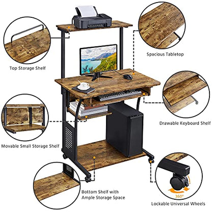 Topeakmart 2-Tier Rolling Desk with Printer Shelf & Keyboard Tray, Rustic Brown - color: Rustic Brown