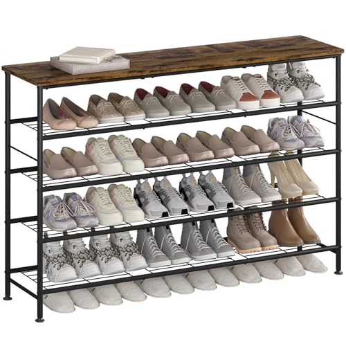 SUOERNUO Shoe Rack 5 Tier Shoe Storage Organizer Metal Mesh Shelves with MDF Top Board for Entryway, Hallway, Closet,Bedroom，Living Room (Black+Rustic Brown, Large 5 Tier) - color: Black+rustic Brown, size: Large 5 Tier
