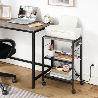 HOOBRO Industrial Printer Stand, 3-Tier Mobile Printer Table, Rolling Cart with Power Outlets and USB Ports, Home Printer Stand with 2 Hooks, for Office, Living Room, Greige and Black BG22UPS01 - color: Greige + Black