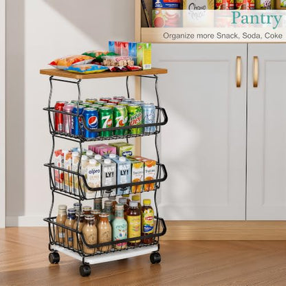 VECELO 4-Tier Fruit Basket with Wheels, Fruit and Vegetable Storage Cart for Kithchen, Stackable Produce Organizer Wire Baskets for Kitchen, Pantry, Living Room - size: 4 Tiers