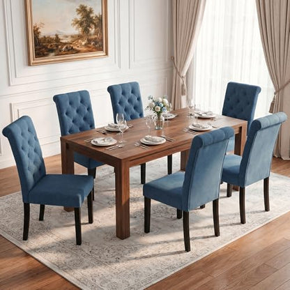 LSSBOUGHT Upholstered Dining Chairs Set of 4,Tufted Parsons Kitchen Chair with Solid Wood Legs, Modern Towel Fabric Side Chair for Dining Room/Restaurant(4pcs,Blue) - color: Blue-fabric, size: Set of 4
