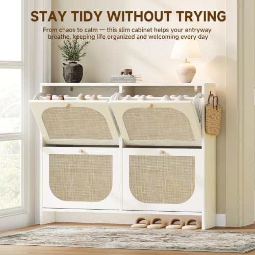Freestanding Ultra Slim Arched Rattan Accent Shoe Storage Cabinet for Entryway - 4 Flip Drawers & 3-Tier Adjustable Shelves, Farmhouse Modern Rustic Shoe Rack for Hallway Foyer,Cloud White - color: Cloud White