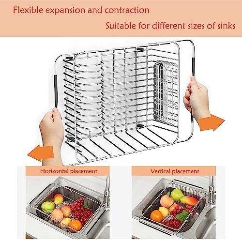 NiuYichee Stainless Steel Dish Drying Rack(15"L X 11"W X 4.1"H), Expandable Fruit & Vegetable Drain Rack over Sink, Dish Drainer Rack in Sink, with Stainless Steel Utensil Holder & Silicone Mat(16") - size: Large【15" X 11"】