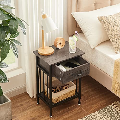 VECELO Nightstands, Industrial Side/End Tables with Drawer and Storage Shelf, Night Stands for Bedroom, Living Room, Wood Metal Furniture, Easy Assembly, 1 Pack, Grey