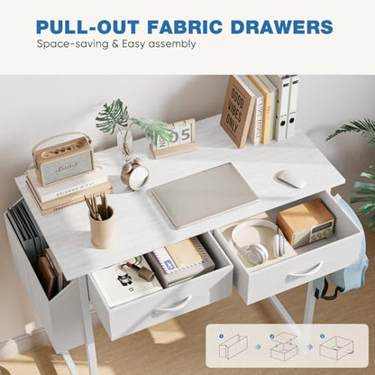 Anwick Compact Computer Desk with Storage Bag, Headphone Hook & Adjustable Feet - Modern Home Office Desk for Small Spaces, Bedroom or Study, Durable Metal Frame, Simple Design (White)