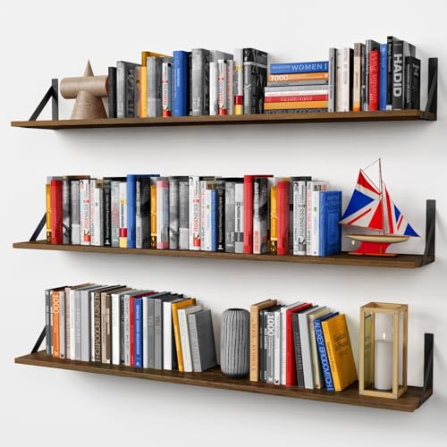Forbena 48 Inch Floating Shelves for Wall Long Set of 3, Large Wooden Wall Bookshelf for Bedroom Books, Rustic Wood Hanging Bookshelves for Living Room Laundry Closet Kitchen Storage (Dark Brown) - color: Rustic Brown, size: 48“ x 8” Wall Shelf