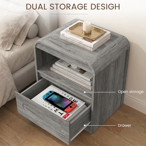Wood Nightstand with Drawers, Curved Bedside Side End Table w/Open Storage | Hidden Handle, Modern Night Stands for Bedroom Sofa Couch Office, Grey