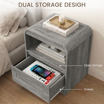 Wood Nightstand with Drawers, Curved Bedside Side End Table w/Open Storage | Hidden Handle, Modern Night Stands for Bedroom Sofa Couch Office, Grey