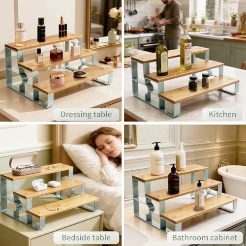 Cabinet & Counter Spice Rack Organizer for Spice Jars & Condiments, 3-Tier | Space-Saving Grease Resistant Bamboo Seasoning Organizers, Practical Makeup Stand, Simple Assembly, Wipe Clean, Mengbu - size: 3 Tier