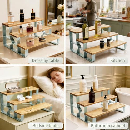 Cabinet & Counter Spice Rack Organizer for Spice Jars & Condiments, 3-Tier | Space-Saving Grease Resistant Bamboo Seasoning Organizers, Practical Makeup Stand, Simple Assembly, Wipe Clean, Mengbu - size: 3 Tier