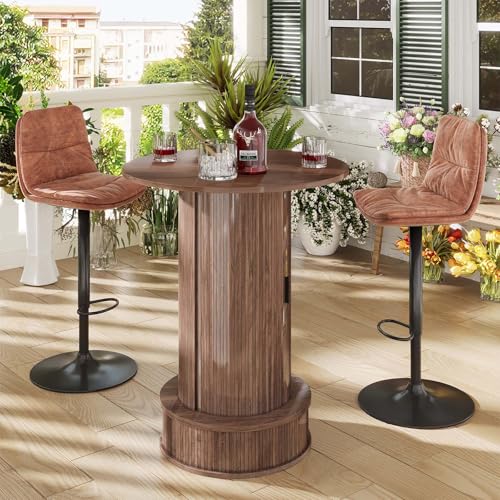 Round Bar Table with 2-Tier Hidden Storage, 38.1" H Wood High Top Table, Bistro Pub Table with Footrest, Cocktail Tables for Coffee Bar, Kitchen Dining Room, Small Space (Walnut) - color: Walnut