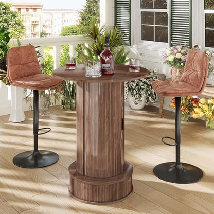 Round Bar Table with 2-Tier Hidden Storage, 38.1" H Wood High Top Table, Bistro Pub Table with Footrest, Cocktail Tables for Coffee Bar, Kitchen Dining Room, Small Space (Walnut) - color: Walnut
