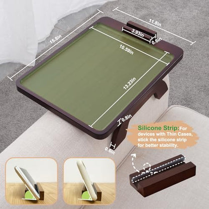 SINWANT Couch Arm Tray Table, Large Space 15.75"x 11.8" Bamboo Couch Armrest Table with 360° Rotating Phone Holder,Foldable Sofa Armrest Tray for Eating Snacks Drinks Remote Books - color: Large Walnut