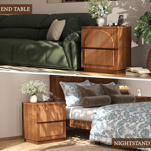 Fluted Nightstand with Charging Station, 2 Drawers, Walnut | Fluted nightstand with charging station, 2 drawers, arched fronts and a curved base - size: 1PCS