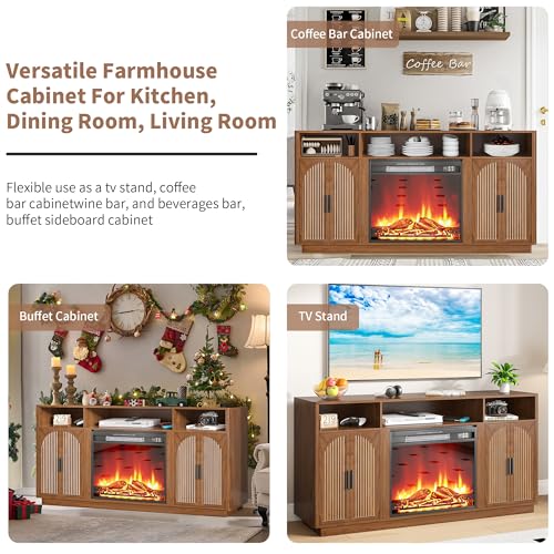 59 Inch Fireplace TV Stand with 23'' Electric Fireplace, Mid Century Modern Fluted Entertainment Center for TVs up to 65", TV Console with Storage for Living Room, Bedroom (Walnut,With Fireplace) - size: With Fireplace