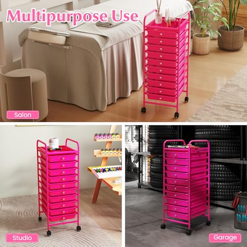 DREAMADE Rolling Cart with Storage Drawers, Utility Cart w/Removable Plastic Drawers, Lockable Wheels, Art Cart for Classroom Organization Art Supplies Office Scrapbook (10 Drawers, Hot Pink) - color: Hot Pink, style: 10 Drawers