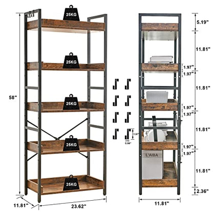 HCHQHS Adjustable 5 Tier Open Bookcase, Rustic Farmhouse Book Shelves, Industrial Wood and Black Metal Bookshelves, Mid Century Bookcase for Home Office Living Room Bedroom - color: Rustic Brown, size: 5-Tier (24"W x 57"H)