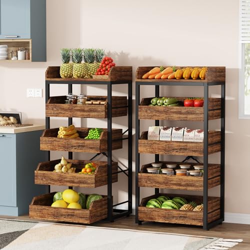 Tribesigns Wood Fruit and Vegetable Storage Rack Set of 2, 5-Tier Pull-Out Snack Stand Fruit Basket Stand, Utility Shelf Organizer for Kitchen, Living Room, Bedroom, Rustic Brown - color: Brown, size: 2