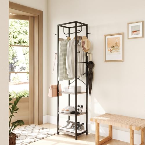 ELYKEN Coat Rack Freestanding, Hall Tree with 3 Storage Shelves and 12 Hooks, Industrial Clothes Rack Stand Organizer for Bedroom, Hallway, Entryway, Office, Living Room, Greige - color: Greige
