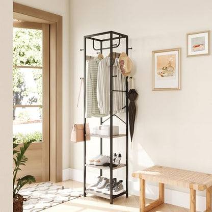 ELYKEN Coat Rack Freestanding, Hall Tree with 3 Storage Shelves and 12 Hooks, Industrial Clothes Rack Stand Organizer for Bedroom, Hallway, Entryway, Office, Living Room, Greige - color: Greige