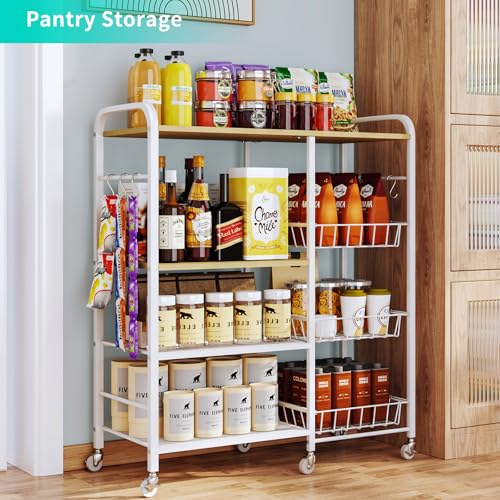 HapiRm Rolling Kitchen Microwave Cart - 4 Tier Microwave Table Stand with Pull-Out Baskets, Coffee Bar Baker's Rack with Wheels Rolling Storage Cart Organizer Shelf for Living Room Office, Balcony - color: White