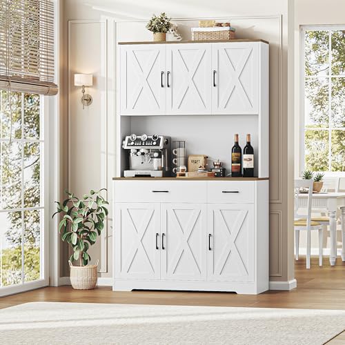 HOSTACK 71" Pantry Cabinet with Charging Station, Tall Kitchen Pantry Storage Cabinet with Microwave Stand, Farmhouse Kitchen Hutch with Storage Drawers for Living Room, Dining Room, White - color: White/Rustic Brown