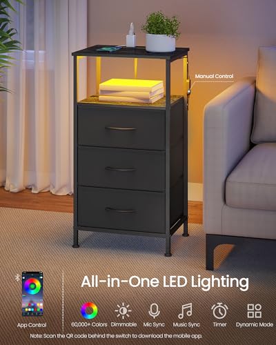 SONGMICS BELLAH Collection - Nightstand with Charging Station and App-Controlled Adjustable LED Lights, Bed Side Table, 3 Drawers and 1 Open Shelf, Modern, Ink Black and Ebony Black ULGS303BH01S - color: Ink Black + Ebony Black, size: 3 Drawers