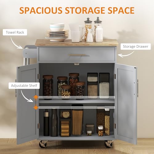HOMCOM Kitchen Island Cart, Rolling Island Table with Solid Wood Top, Trolley Cart with Drawer, Storage Cabinet & Towel Rack, Gray - color: Grey