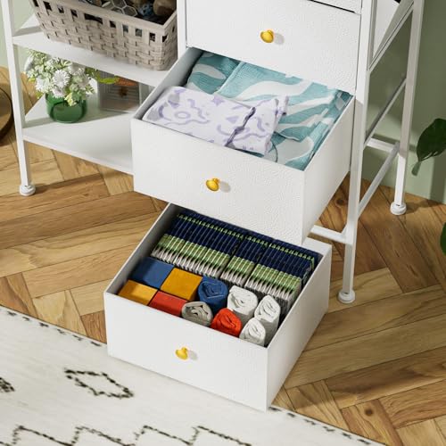 Nightstand with Charging Station, Bedside Table with 4 Drawers and 3-Tier Shelf, White Dresser, LED End Table with Wooden Top for Bedroom, Office, Living Room, Hallway-White