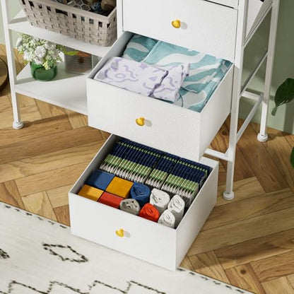 Nightstand with Charging Station, Bedside Table with 4 Drawers and 3-Tier Shelf, White Dresser, LED End Table with Wooden Top for Bedroom, Office, Living Room, Hallway-White