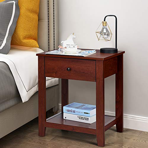 Giantex Nightstand Set of 2, Wooden 2-Tier End Table with Drawer and Storage Shelf, Versatile Bedside Tables, Modern Side Table for Bedroom, Living Room, Small Spaces, Easy Assembly, Walnut