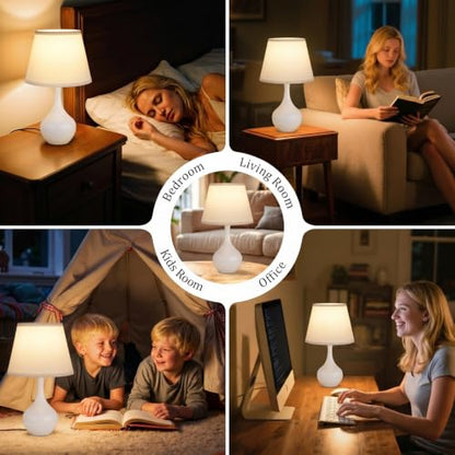 Seealle Touch Table Lamps for Bedroom Set of 2,3-Way Dimmable Small Bedside Lamps for Night Stands with Wires, White Desk Lamps for Kids Room,Office,Living Room, End Table(LED Bulbs Included) - color: K. WhiteShade & White Base