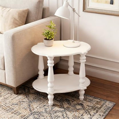 SOFE Elegant Scalloped Small White End Table, 18 Inches Tall Side Table, Farmhouse Wood End Table with Turned Legs for Living Room Bedroom, Rustic Nightstand with 2-Tier Storage for Books Plants Decor