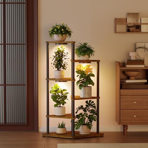 iDavosic.ly 5 Tier Plant Stand Indoor with Grow Lights, Black & Brown 41 In | Sturdy Corner Flower Shelf for 12'' Large Heavy Duty Flower Pot, Ideal for Patio Living Room Balcony Porch, Easy Assembly - size: 5 Tier with Light