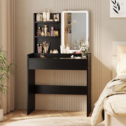 Memobarco Small Vanity Desk with Mirror and Lights, Makeup Vanity with Drawer & Storage Shelves, Vanity Desk with 3 Lighting Modes & Adjustable Brightness, Dressing Table for Women Girls, Black - color: Black