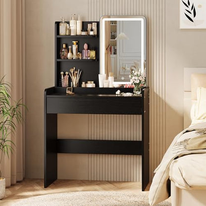 Memobarco Small Vanity Desk with Mirror and Lights, Makeup Vanity with Drawer & Storage Shelves, Vanity Desk with 3 Lighting Modes & Adjustable Brightness, Dressing Table for Women Girls, Black - color: Black