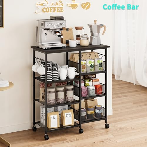 HapiRm Rolling Kitchen Carts with Storage - Microwave Table Stand with 6 Hooks & 3 Baskets, kitchen Island Cart on Lockable Wheels, 28.3" L × 14.6" W Bakers Rack Cart for Dining Room Coffee Bar Office - color: Black