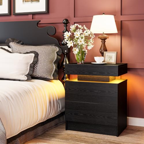 LIKIMIO Nightstand with Charging Station LED Light and 2 Drawers Black | bedside table; end table; charging station; LED light; 2 drawers; black wood grain; small spaces - color: Black