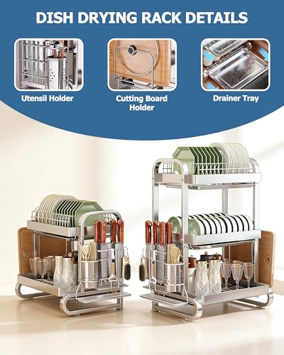 Stainless Steel Dish Drying Rack 3 Tier Dish Rack with Drainer Tray Utensil Holder and Cutting Board Holder Large Capacity Dry Rack for Dishes Kitchen Counter Silver (16.1" L x 10.6" W x 24.6" H)