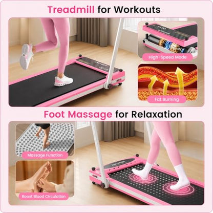 FUNMILY Upgrade Walking Pad Folding Treadmill with 12%/15% Incline & Handle Bar, 3.5HP Foldable Under Desk Compact Treadmills for Home/Office/Gym, 400+lb Capacity, Shock Absorption - color: Pastel Pink