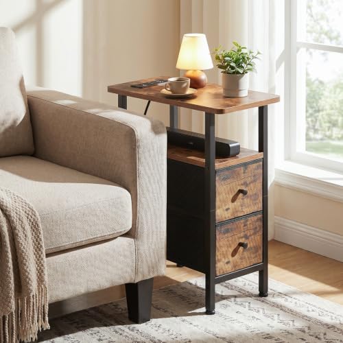 LOAKEKEL Narrow End Table with Charging Station, Side Tables Living Room | End Tables Living Room Set of 2, Skinny Nightstand with Fabric Drawers, Slim Sofa Table for Bedroom, Small Spaces, Brown - color: Rustic Brown + Black, style: Power