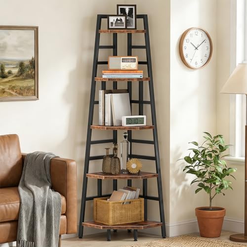 CHOEZON 70.1-Inch 5-Tier Tall Corner Shelf, Narrow Bookshelf for Small Spaces, Industrial Bookcase Display Stand for Living Room, Bedroom, Office, Rustic Brown TCJ25BF - color: Rustic Brown