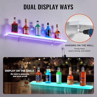 VEVOR LED Lighted Liquor Bottle Display, 1 Tier 40 Inch Wall Mounted Whiskey Rack Stand, 1 Step Commercial Illuminated Home Bar Shelf, Acrylic Drinks Light Shelves with RF Remote & App Control - size: 1 Step 40 Inches
