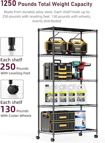Simple Deluxe 5-Tier Heavy Duty Storage Shelving Unit, 1250 Lbs Loading Capacity, 29.92" W x 13.98" D x 61.02" H, Black - color: Black, size: 5-Tier, 29.92" W x 13.98" D x 61.02" H