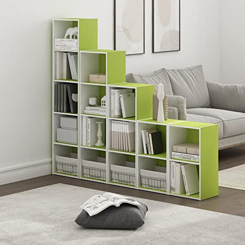 Furinno PASIR Book Shelf, 5-Tier Modern Bookshelf, Open Shelves Bookcase 9 x 12 x 52, Easy Assembly, for Living Room, Bedroom, Home Office, Green/White - color: White/Green, size: 5-Tier Cube