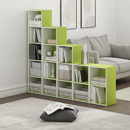 Furinno PASIR Book Shelf, 5-Tier Modern Bookshelf, Open Shelves Bookcase 9 x 12 x 52, Easy Assembly, for Living Room, Bedroom, Home Office, Green/White - color: White/Green, size: 5-Tier Cube