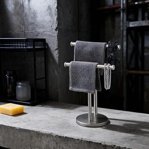 Hand Towel Holder, NEWRAIN Double Countertop Hand Towel Holder Stand, Stainless Steel Free Standing Hand Towel Rack with Heavy Base, for Bathroom Kitchen & Counter top, Brushed Nickel - color: Brushed Nickel, style: 2-Tier