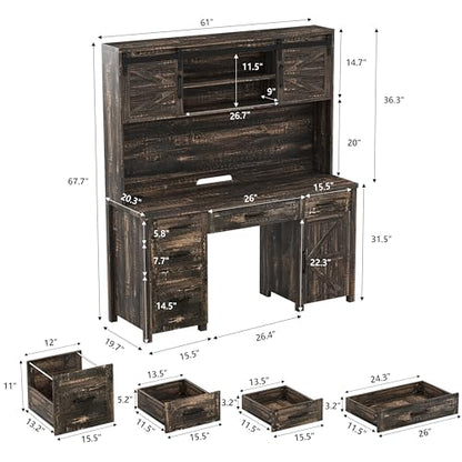 61" Farmhouse Executive Desk with Hutch & Charging Station, Wooden Computer Desk with 2 Sliding Barn Doors, 5 Drawers & Storage Cabinet with Adjustable Shelf for Home Office, Bedroom (Rustic Gray-01) - color: Rustic Gray-01
