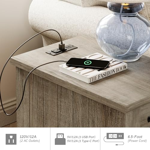 WAMPAT Gray End Table with Charging Station, Wooden Side Table with 1 Drawer &1 Storage Cabinet, Mid Century Modern Nightstand with Power Outlets & USB Ports for Living Room, Bedroom - color: Grey