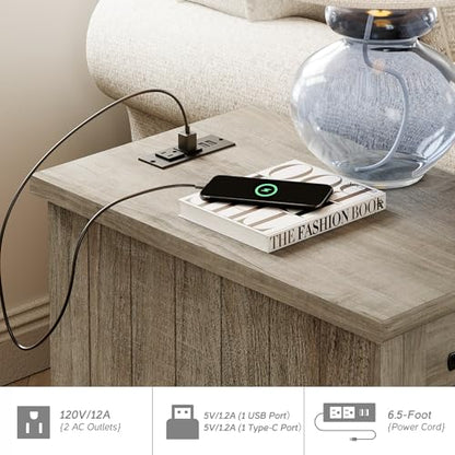 WAMPAT Gray End Table with Charging Station, Wooden Side Table with 1 Drawer &1 Storage Cabinet, Mid Century Modern Nightstand with Power Outlets & USB Ports for Living Room, Bedroom - color: Grey